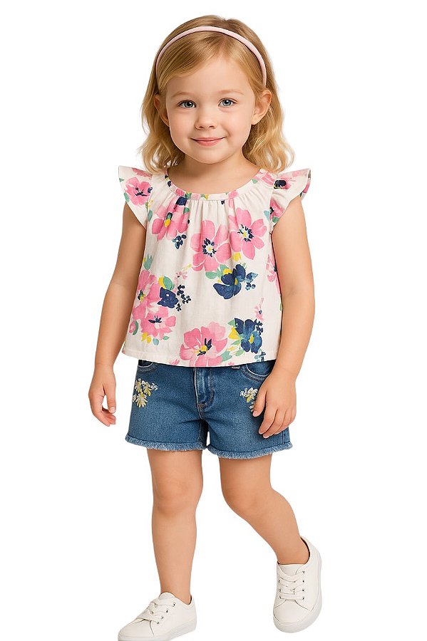 Conjunto Gap Infantil – Batinha Floral + Shorts Jeans