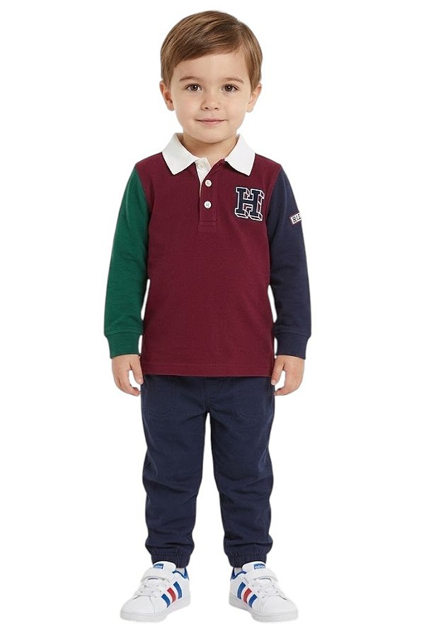 Conjunto Infantil Tommy Hilfiger – Polo de Manga Longa e Calça Jogger em Sarja