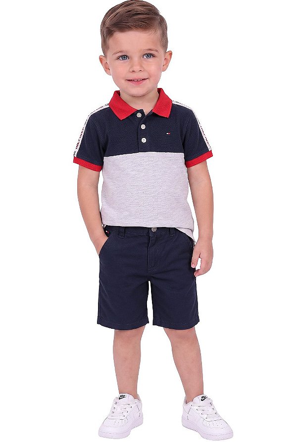 Conjunto Infantil Tommy Hilfiger Polo Color Block e Bermuda Azul-Marinho