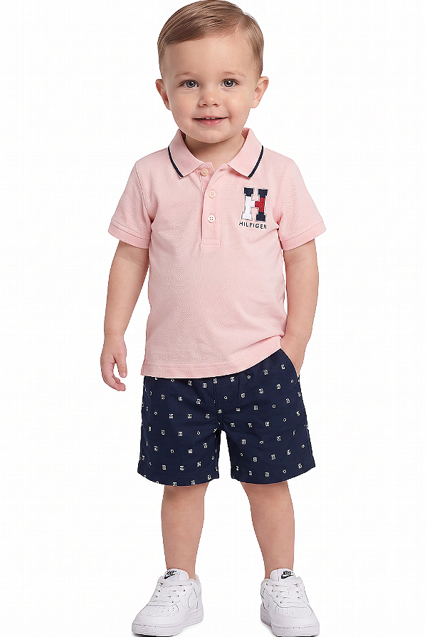 Conjunto Bebê Tommy Hilfiger Polo Rosa e Bermuda Azul-Marinho