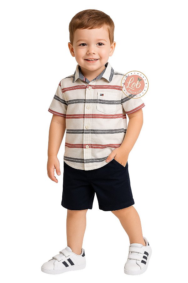 Conjunto Infantil Tommy Hilfiger Camisa + Bermuda Azul-Marinho
