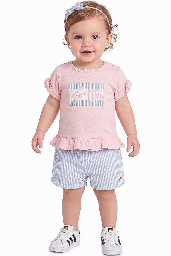 Conjunto Bebê Tommy Hilfiger – Camiseta com Laços + Shorts Listrado