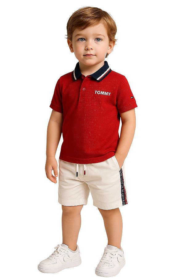 Camisa Polo Infantil Tommy Hilfiger Vermelha Gola Tricolor