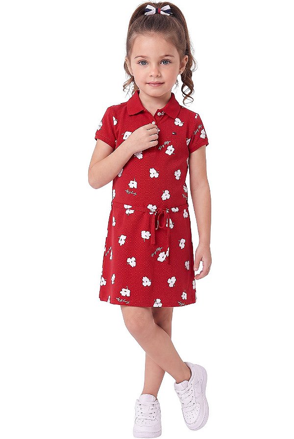 Vestido Infantil Tommy Hilfiger Polo Piquet Floral Vermelho