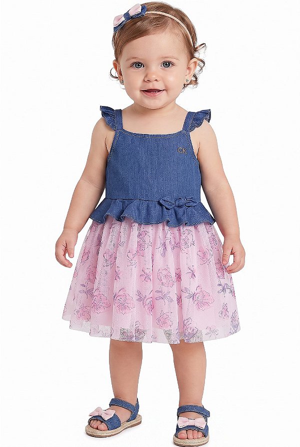 Vestido Bebê Calvin Klein Jeans – Chambray com Saia de Tule Floral