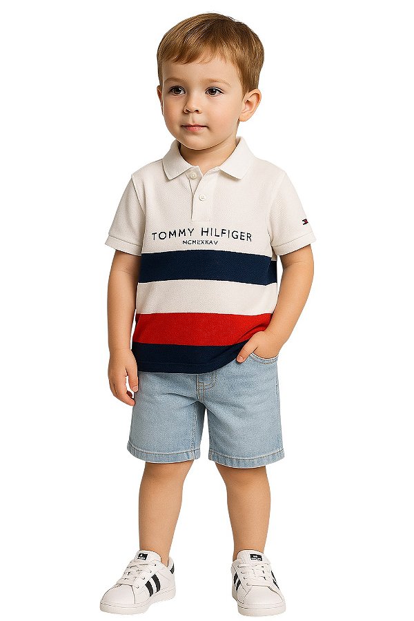 Camisa Polo Infantil Tommy Hilfiger Branca Listras Marinho e Vermelho