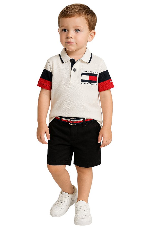 Camisa Polo Infantil Tommy Hilfiger Branca Manga - Vermelho e Marinho