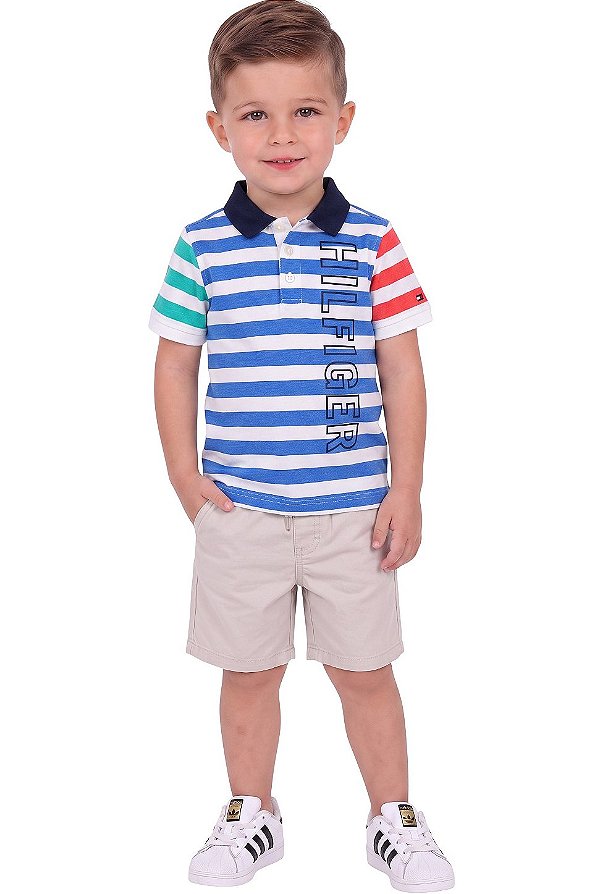 Conjunto Infantil Tommy Hilfiger Polo Listrada e Bermuda Bege