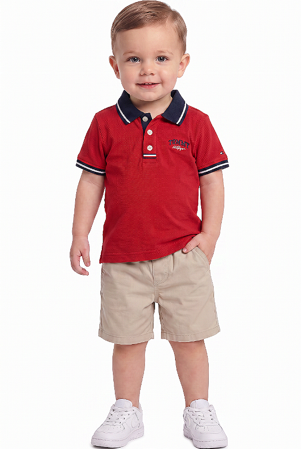 Conjunto Bebê Tommy Hilfiger Polo Piquet e Bermuda Bege