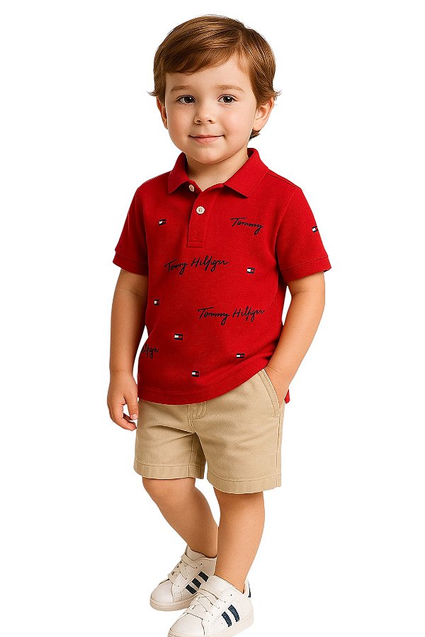 Camisa Polo Infantil Tommy Hilfiger Vermelha Bandeirinhas