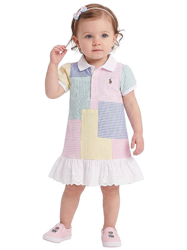 Vestido Bebê Polo Ralph Lauren Colorido em Piquet com Babado em Laise