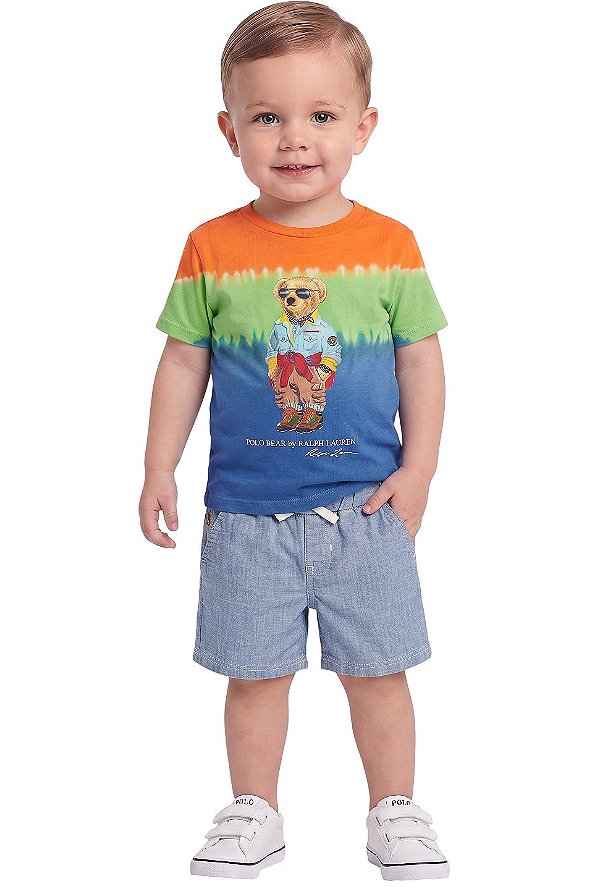 Conjunto Bebê Ralph Lauren Polo Bear Camiseta Tie-Dye e Bermuda Chambray