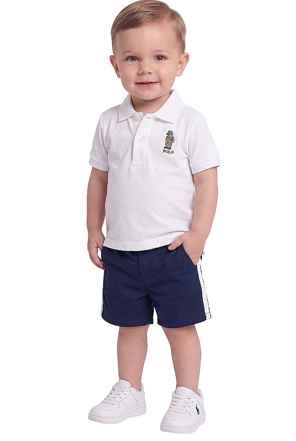 Conjunto Bebê Polo Ralph Lauren Polo Bear Branco e Shorts Azul-Marinho