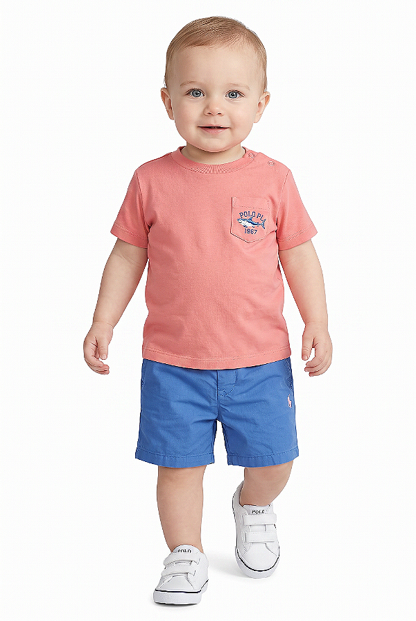 Conjunto Bebê Ralph Lauren Camiseta Tubarão e Bermuda Azul