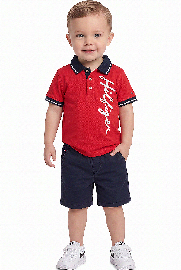 Conjunto Bebê Tommy Hilfiger Polo Vermelha e Bermuda Azul-Marinho