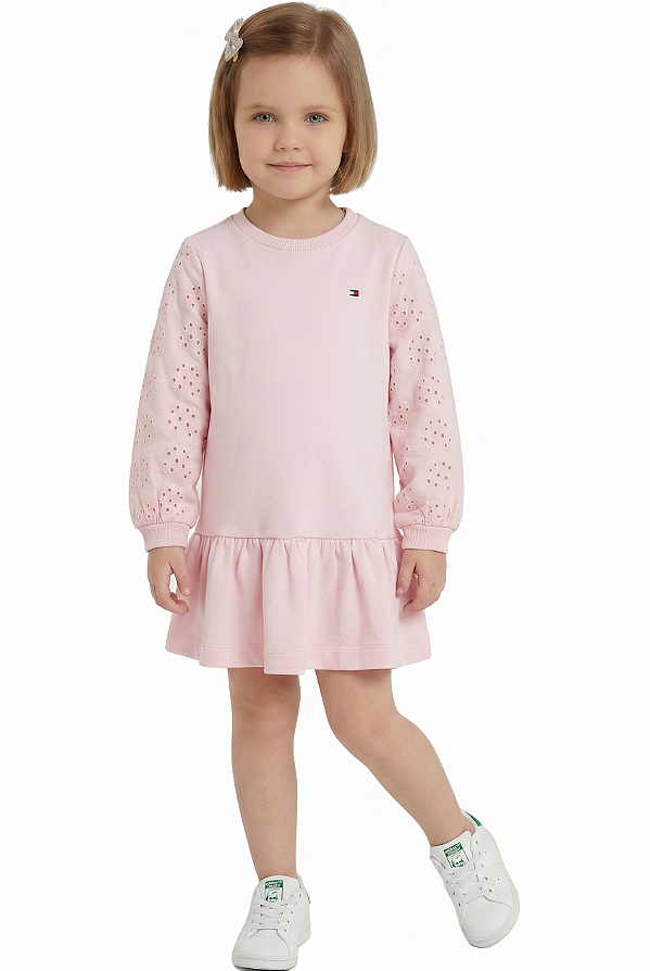 Vestido Infantil Tommy Hilfiger em Moletinho com Mangas em Lese