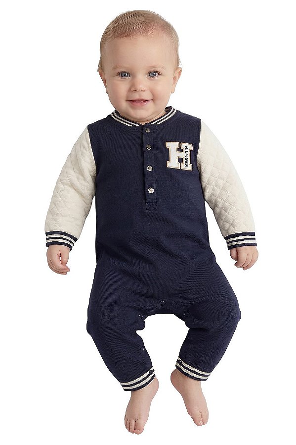Macacão Bebê Tommy Hilfiger Estilo Varsity Azul-Marinho e Off White