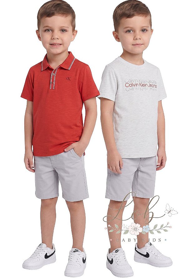 Conjunto Infantil Calvin Klein 3 Peças Polo, Camiseta e Bermuda