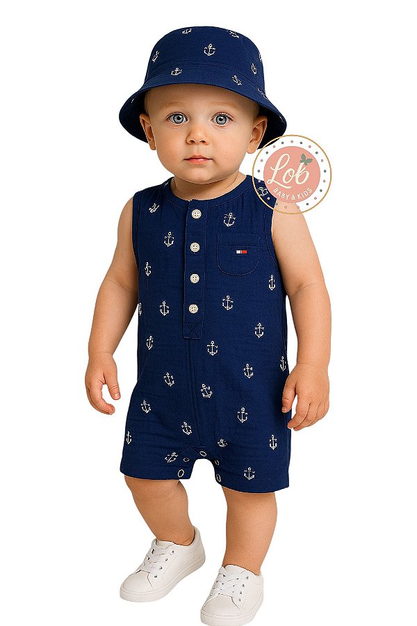 Romper e Chapéu Bucket Âncoras – Tommy Hilfiger Bebê