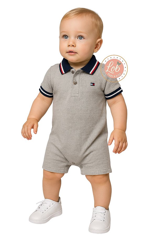 Romper gola Polo Bebê Tommy Hilfiger Cinza