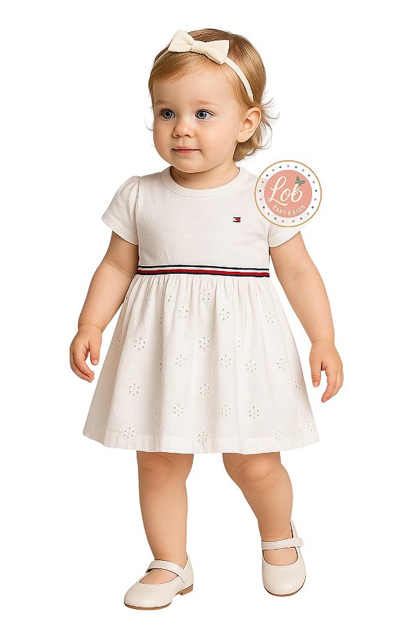 Vestido Bebê Tommy Hilfiger Saia Bordadal Lese Branco