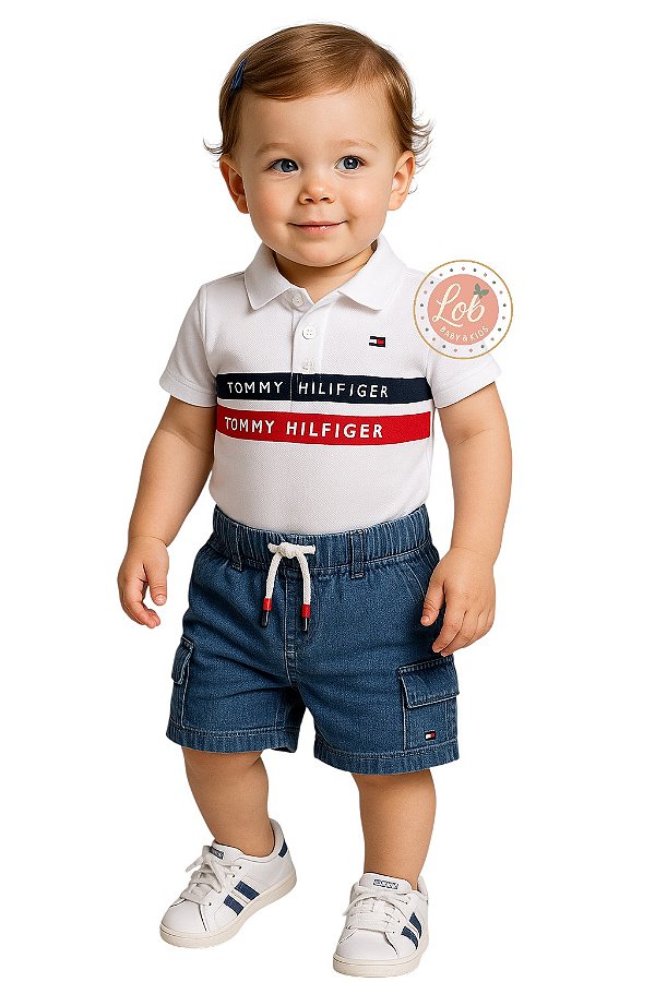 Conjunto Bebê Tommy Hilfiger Body Polo Branco + Shorts Jeans Cargo