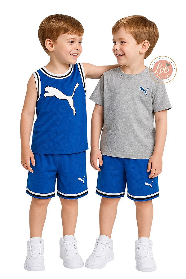Conjunto Infantil Puma 3 Peças – Regata e Bermuda Azul, Camiseta Cinza