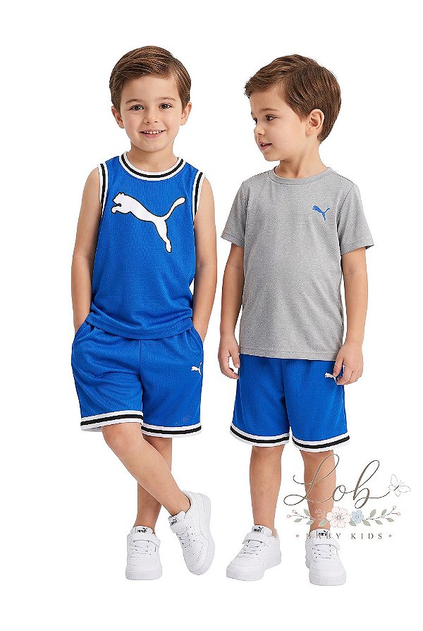 Conjunto Infantil Puma 3 Peças Regata Camiseta e Bermuda Azul