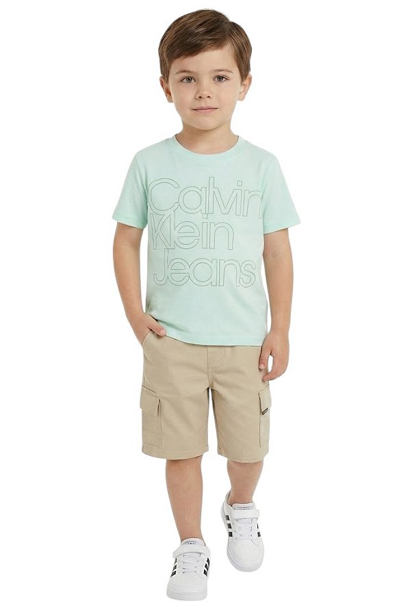 Conjunto Infantil Calvin Klein Camiseta Bermuda Cargo Bege