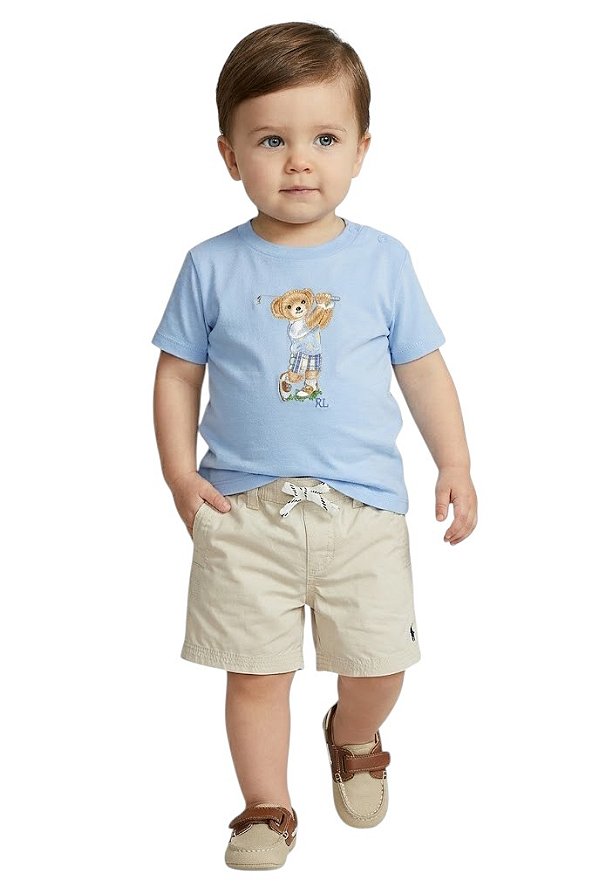 Conjunto Bebê Ralph Lauren Camiseta Bear Azul Claro e Shorts Bege