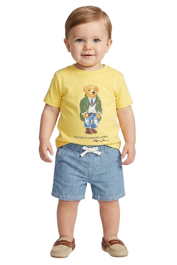 Conjunto Bebê Ralph Lauren Camiseta Polo Bear Shorts em Denim