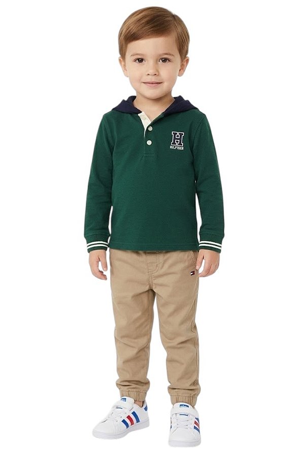 Conjunto Infantil Tommy Hilfiger – Polo de Manga Longa e Calça Jogger em Sarja