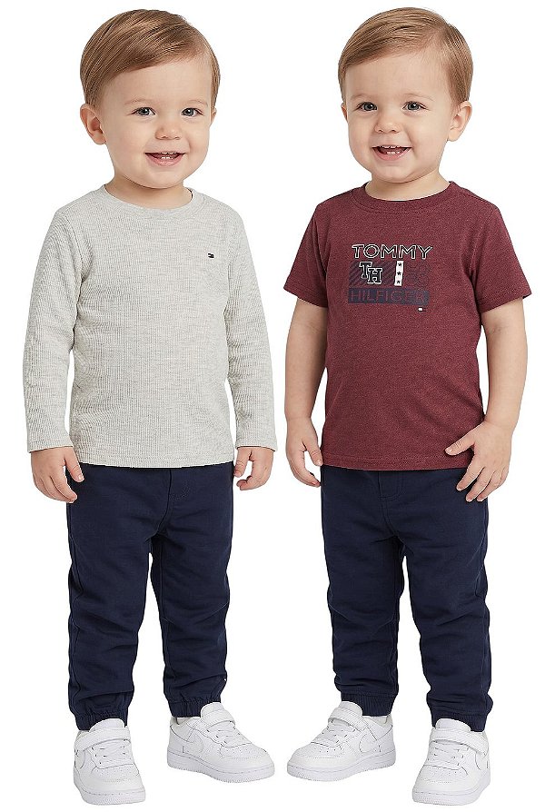 Conjunto Bebê 3 peças Tommy Hilfiger T-Shirt, Blusa Térmica e Calça Jogger