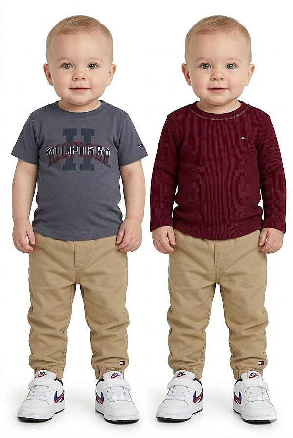 Conjunto Bebê 3 peças Tommy Hilfiger T-Shirt, Blusa Térmica e Calça Jogger