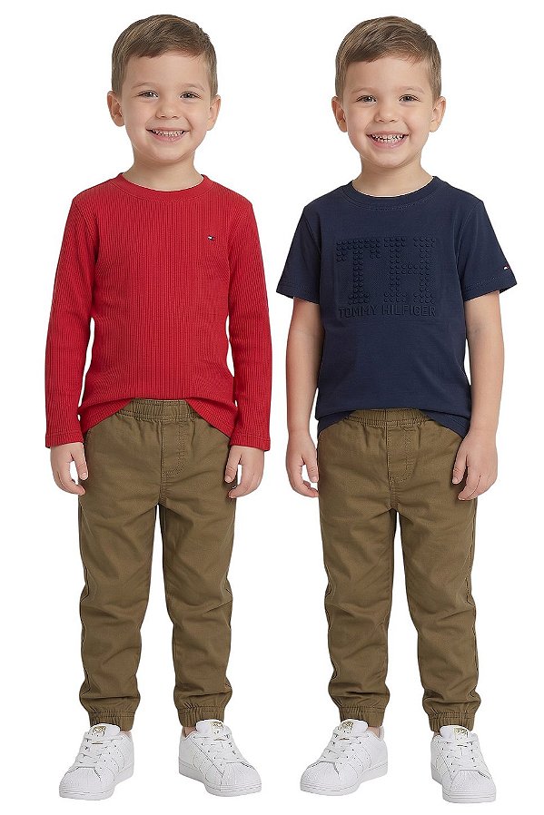 Conjunto Infantil 3 peças Tommy Hilfiger T-Shirt, Blusa Térmica e Calça Jogger
