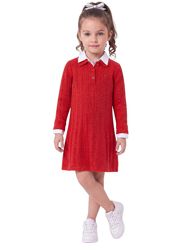 Vestido Infantil Tommy Hilfiger Polo em Tricô Trançado Vermelho