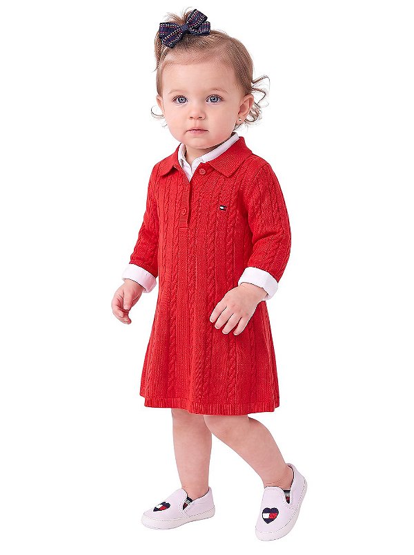 Vestido Bebê Tommy Hilfiger Polo em Tricô Trançado Vermelho