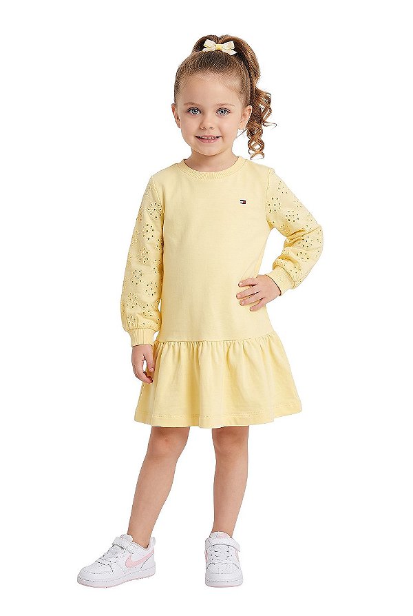 Vestido Infantil Tommy Hilfiger em Moletinho com Mangas em Lese