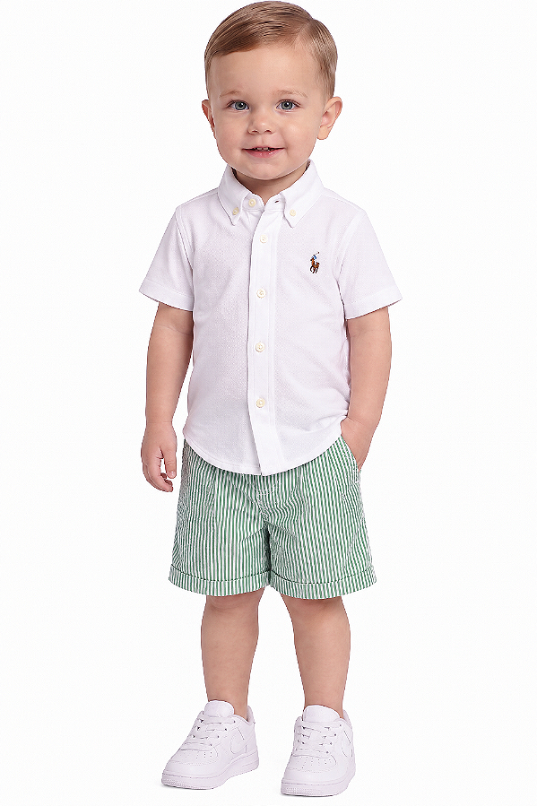 Conjunto Bebê Polo Ralph Lauren Camisa Branca e Shorts Listrado