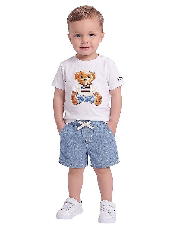Conjunto Bebê Polo Ralph Lauren Polo Bear Bermuda Jeans Chambray