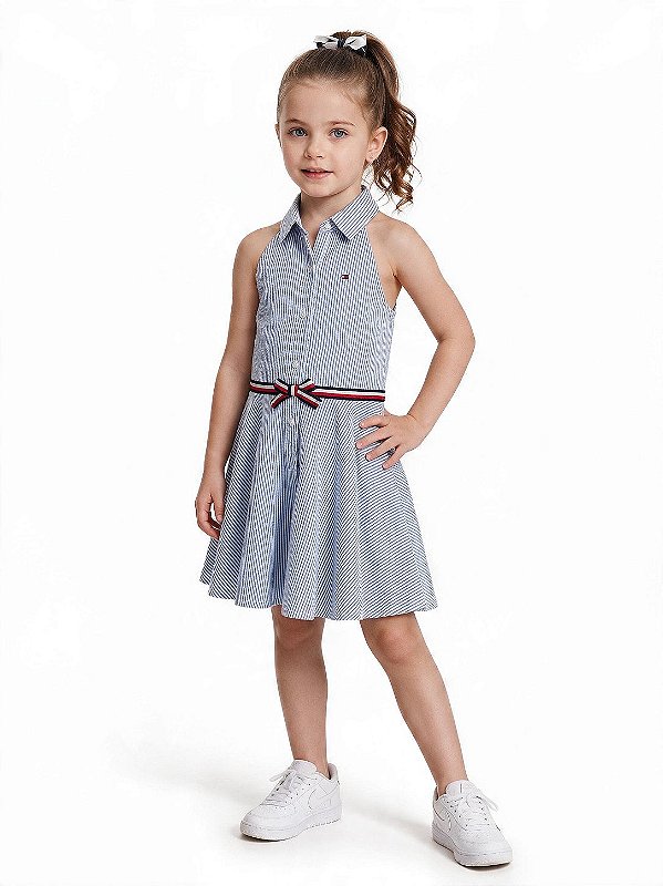 Vestido Infantil Tommy Hilfiger Listrado Azul e Branco com Laço