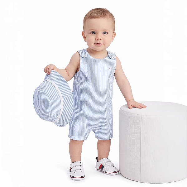 Romper Bebê Tommy Hilfiger Listrado Azul com Chapéu