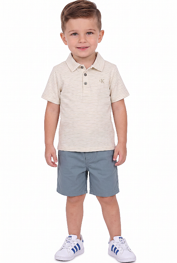 Conjunto Infantil Calvin Klein Polo Listrada e Bermuda Azul