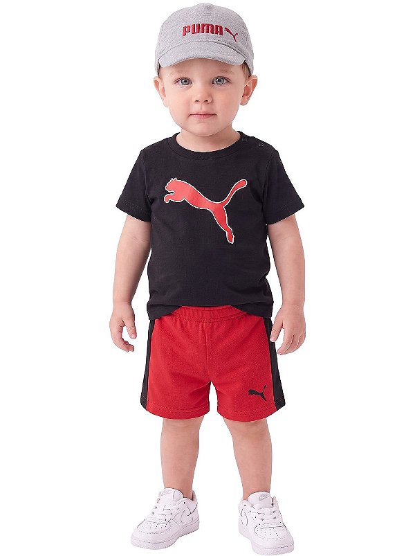 Conjunto Bebê Puma 3 Peças com Camiseta, Shorts e Boné