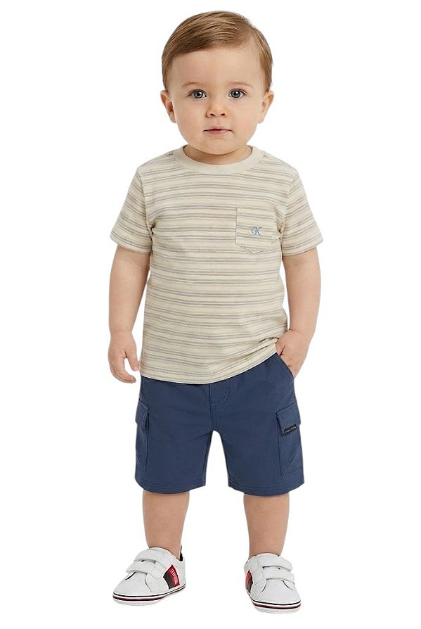 Conjunto Bebe Calvin Klein Camiseta Listrada e Shorts Cargo