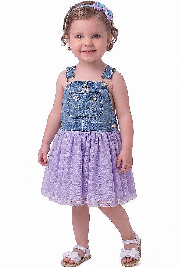 Jardineira Infantil OshKosh – Jeans com Saia Tule Lilás