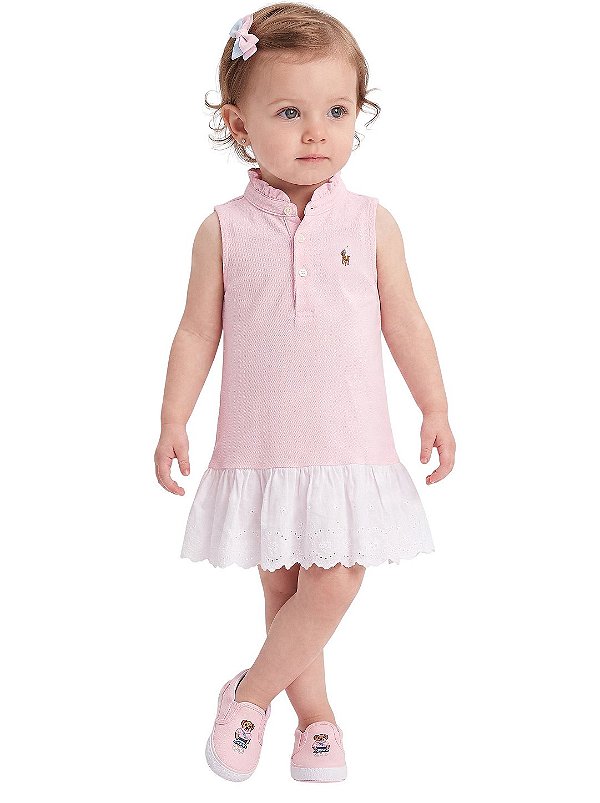 Vestido Bebê Polo Ralph Lauren Rosa com Babado em Laise