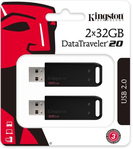 Pen Drive Kingston de 32GB USB 2.0 Data Traveler Série 20 (Kit com 2 unidades) - DT20/32GB-2P