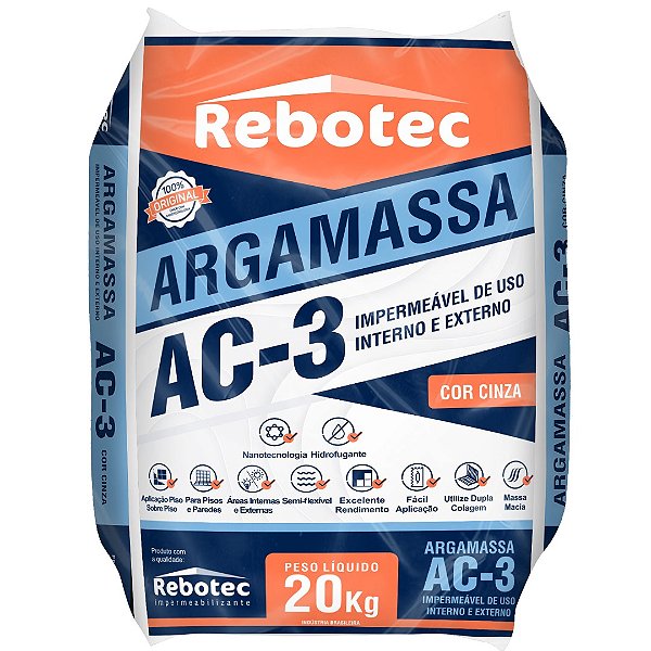 - AC3 ARGAMASSA IMPERMEÁVEL- 20KG/20kg REBOTEC - USO INTERNO E EXTERNO
