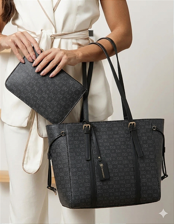 Bolsa feminina - Alça de ombro - Monograma Elegance - Preto - Chenson 3484755
